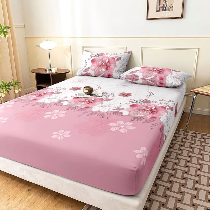 Twin Size Color Romantic Pink 3 Piece Bedding Set Classic Elegant Wrinkle Resistant Elastic 360 Degree Coverage - Image 1
