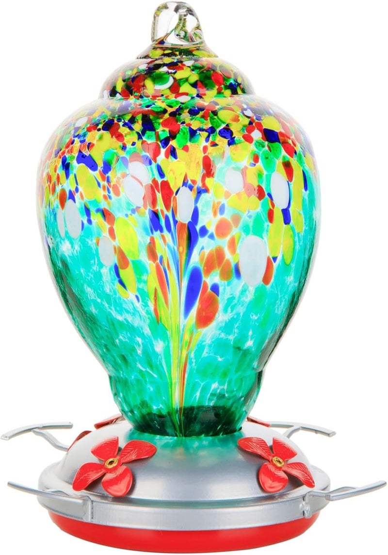 WOSIBO Hummingbird Feeder for Outdoors Patio Large 32 Ounces Colorful Hand Blown Glass Hummingbird Feeder with Ant Moat Hanging Hook, Rope, Brush and Service Card (Green) - Image 1