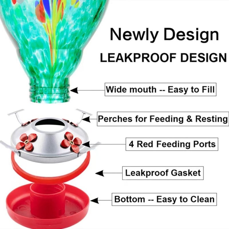 WOSIBO Hummingbird Feeder for Outdoors Patio Large 32 Ounces Colorful Hand Blown Glass Hummingbird Feeder with Ant Moat Hanging Hook, Rope, Brush and Service Card (Green) - Image 4