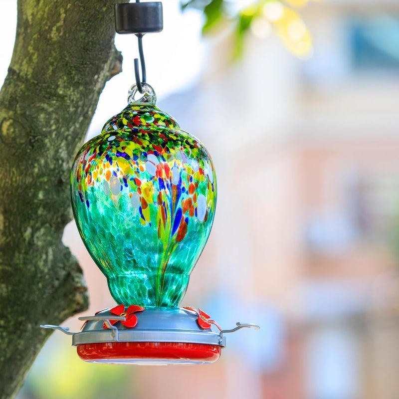 WOSIBO Hummingbird Feeder for Outdoors Patio Large 32 Ounces Colorful Hand Blown Glass Hummingbird Feeder with Ant Moat Hanging Hook, Rope, Brush and Service Card (Green) - Image 2