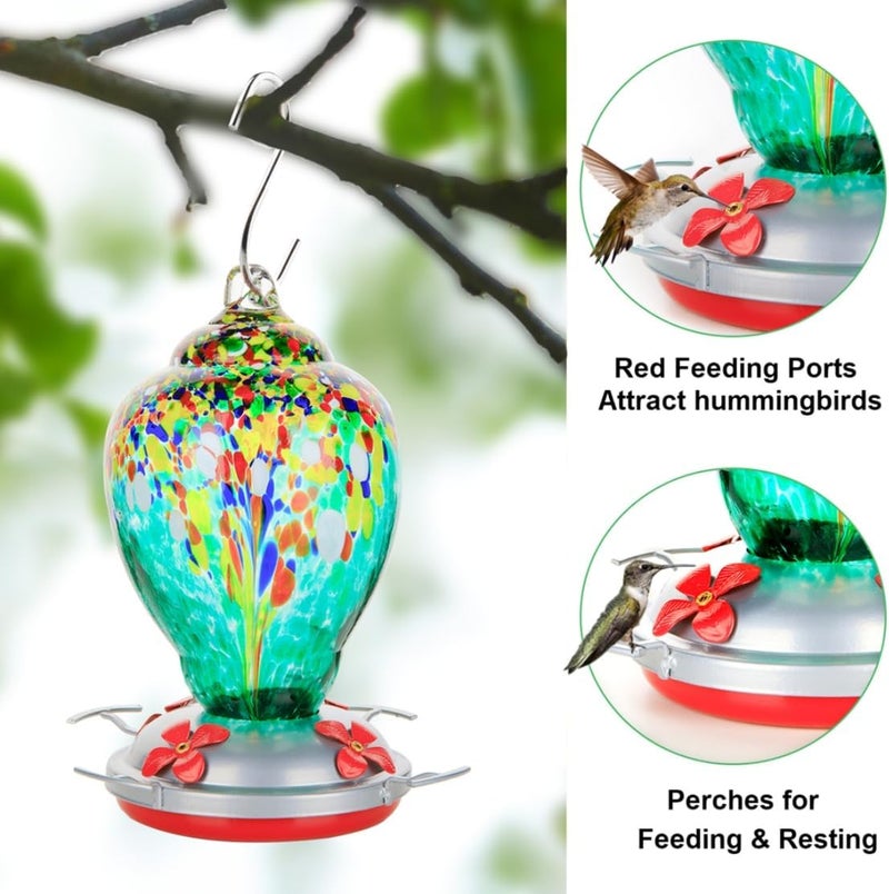WOSIBO Hummingbird Feeder for Outdoors Patio Large 32 Ounces Colorful Hand Blown Glass Hummingbird Feeder with Ant Moat Hanging Hook, Rope, Brush and Service Card (Green) - Image 3