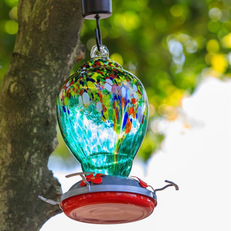 WOSIBO Hummingbird Feeder for Outdoors Patio Large 32 Ounces Colorful Hand Blown Glass Hummingbird Feeder with Ant Moat Hanging Hook, Rope, Brush and Service Card (Green) - Image 5