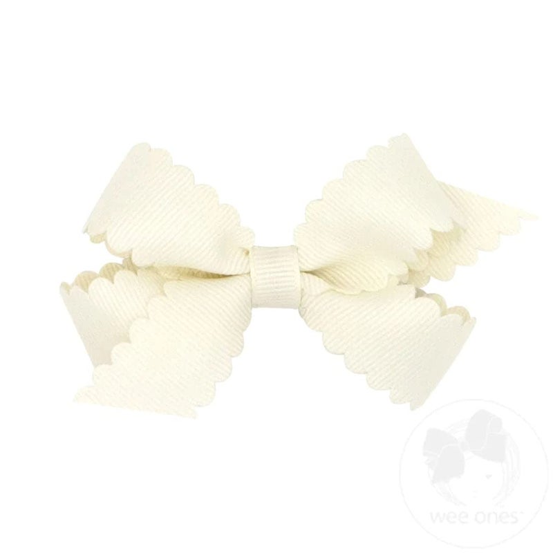Wee Ones Girls' Classic Grosgrain Hair Bow with Scalloped Edges and Plain Wrap Center on a WeeStay Hair Clip, Mini, Antique White - Image 1