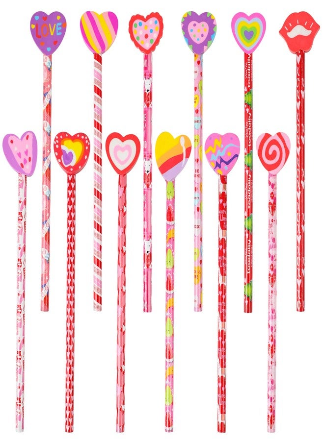 FOIMAS 24pcs Valentine's Day Pencils with Erasers Topper Decorated with Love Hearts Lips Assortment Valentine Stationery Pencil Bulk for Valentine's Day Goodie Bag Filler School Teacher - Image 1