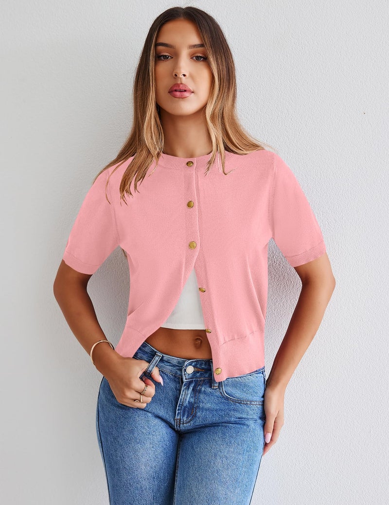 Kistore Womens Summer Short Sleeve Cardigans Sweaters Lightweight Button Up Crew Neck Knitted Crop Cardigan Tops Pink Medium - Image 3