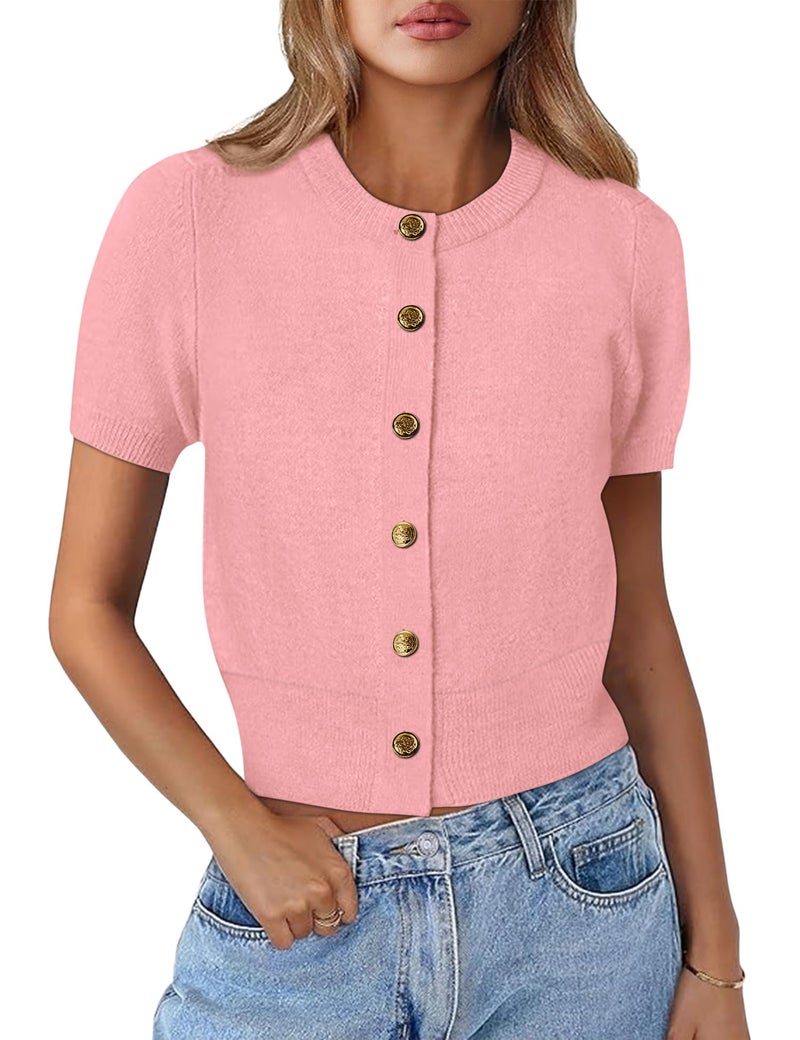 Kistore Womens Summer Short Sleeve Cardigans Sweaters Lightweight Button Up Crew Neck Knitted Crop Cardigan Tops Pink Medium - Image 1