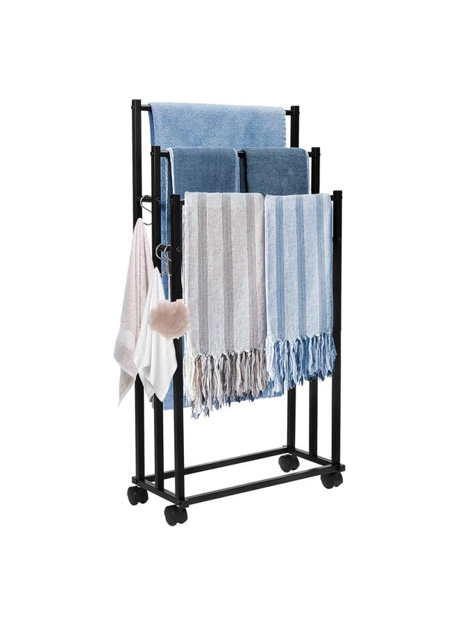 MIXDE Free Standing Towel Rack 3 Tier Stainless Steel Towel Bar for Lockable Wheels and Hooks, Oversized Blanket Drying Display Holder Stand for Next to Tub Bathroom Outdoor Pool, Black 44 * 21 * 70.5cm‎  - Image 1
