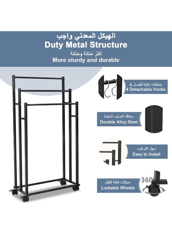 MIXDE Free Standing Towel Rack 3 Tier Stainless Steel Towel Bar for Lockable Wheels and Hooks, Oversized Blanket Drying Display Holder Stand for Next to Tub Bathroom Outdoor Pool, Black 44 * 21 * 70.5cm‎  - Image 2