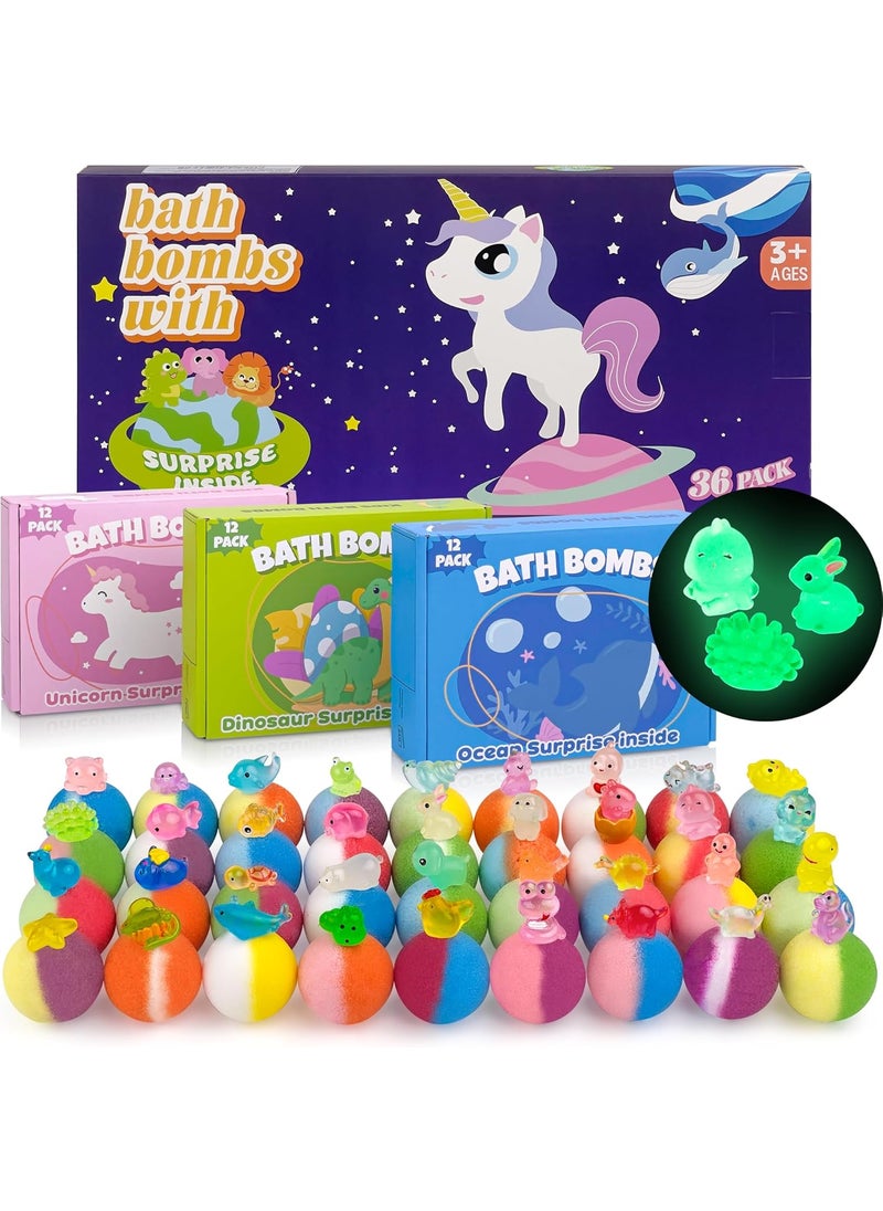 DOVIPE Bath Bombs for Kids with Toy Inside 36 Pcs Bath Bombs with Glow in The Dark Dinosuar Animal and Ocean Surprise Inside Handmade Organic Bubble Bath Ball Gift Set for Birthday Halloween Christmas 