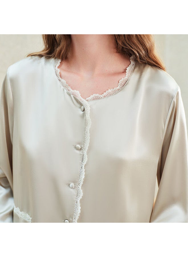 Meibiao 19mm Silk Women's Long Sleeve Nine-point Pants Set Round Neck Cardigan Mulberry Silk Loungewear Light Green L - Image 2