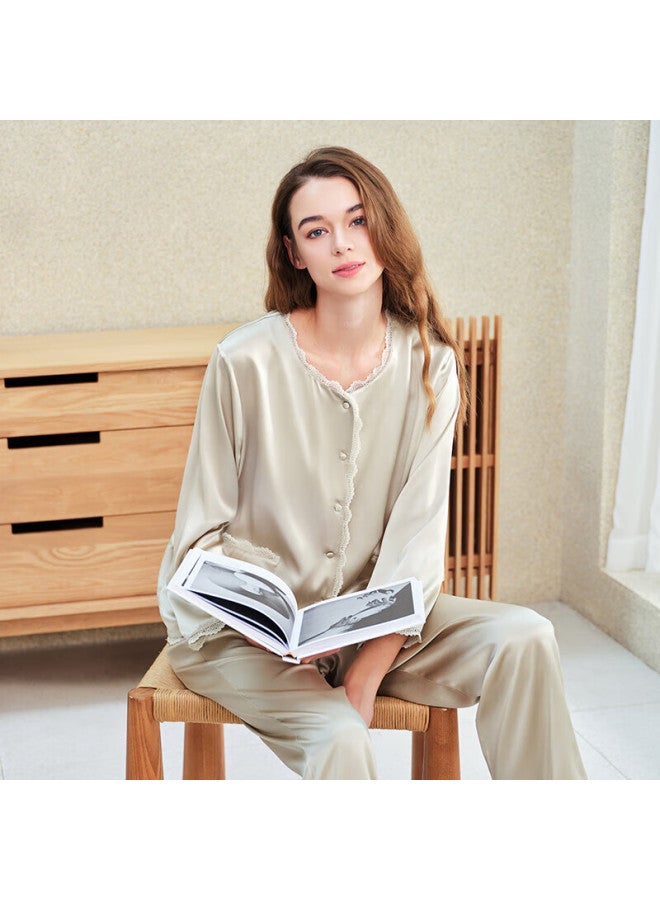 Meibiao 19mm Silk Women's Long Sleeve Nine-point Pants Set Round Neck Cardigan Mulberry Silk Loungewear Light Green L - Image 1