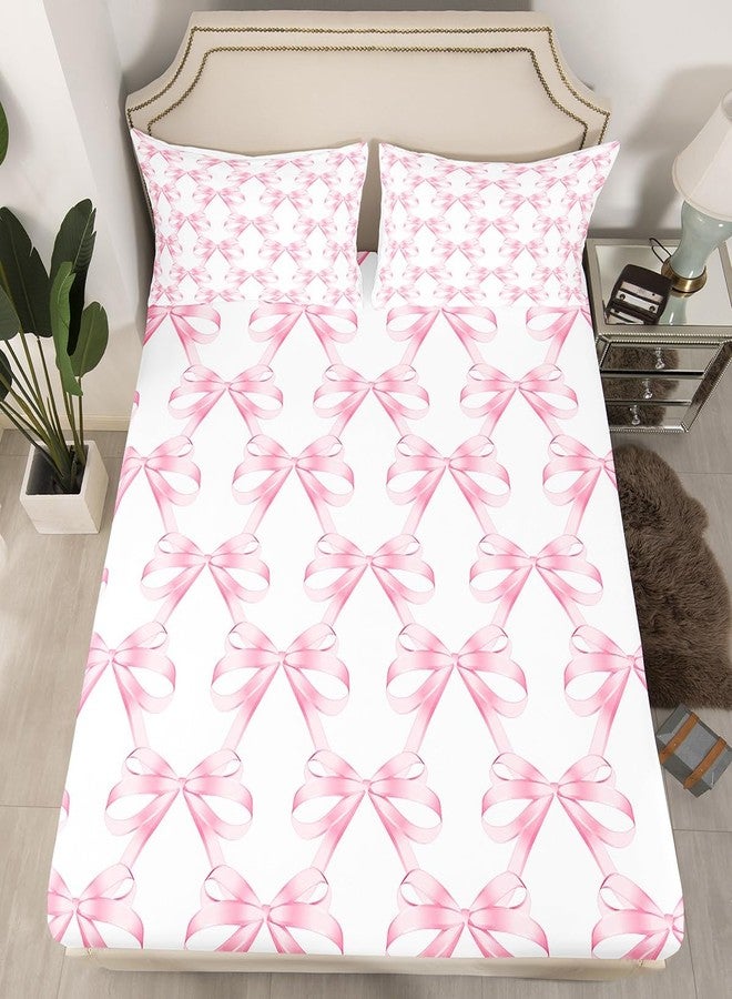 Feelyou Pink Bow Bed Sheets Set Queen Size Dreamy Princess Style Sheet Set Girly Kawaii Bowknot Geometric Grids Sheets with Deep Pocket Fitted Sheet for Fairy Tale Theme Bedding Set 2 Pillow Case - Image 4