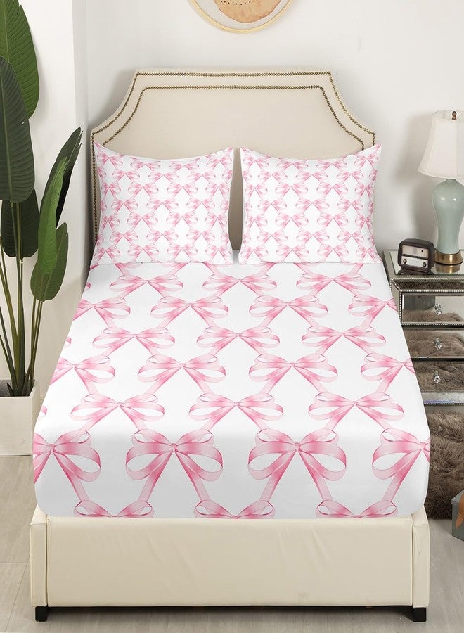 Feelyou Pink Bow Bed Sheets Set Queen Size Dreamy Princess Style Sheet Set Girly Kawaii Bowknot Geometric Grids Sheets with Deep Pocket Fitted Sheet for Fairy Tale Theme Bedding Set 2 Pillow Case - Image 3