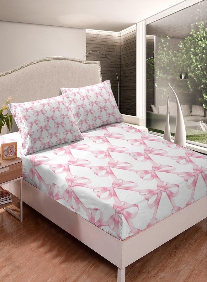 Feelyou Pink Bow Bed Sheets Set Queen Size Dreamy Princess Style Sheet Set Girly Kawaii Bowknot Geometric Grids Sheets with Deep Pocket Fitted Sheet for Fairy Tale Theme Bedding Set 2 Pillow Case - Image 2