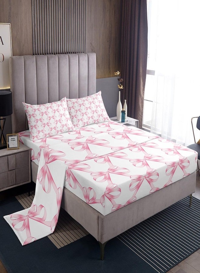 Feelyou Pink Bow Bed Sheets Set Queen Size Dreamy Princess Style Sheet Set Girly Kawaii Bowknot Geometric Grids Sheets with Deep Pocket Fitted Sheet for Fairy Tale Theme Bedding Set 2 Pillow Case - Image 1