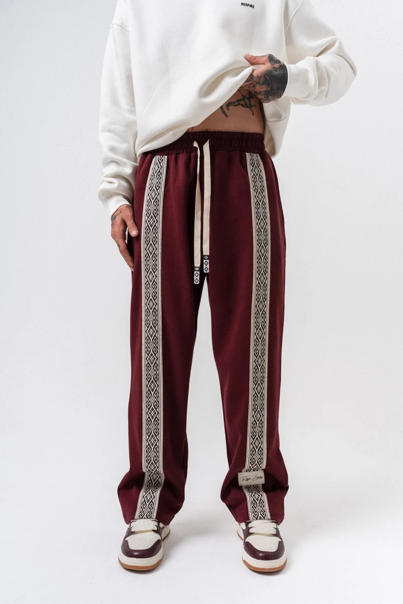 RESPIRE Men's Ethnic Striped Winter Doubleface Baggy Sweatpants Bordeaux