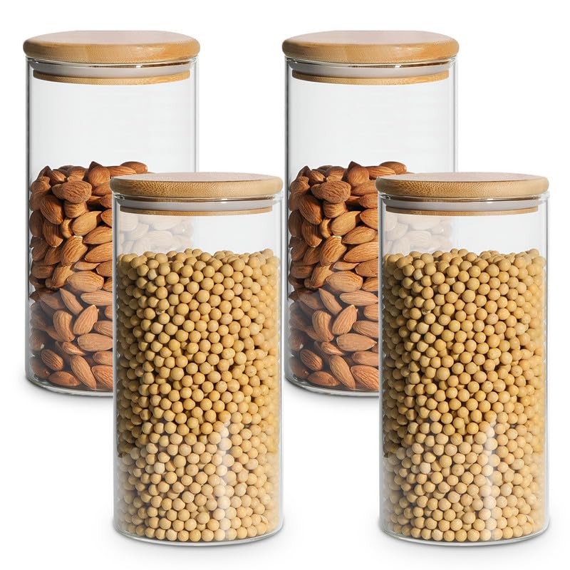 Allo 1000ML Kitchen Storage Box Glass Jars With Wooden Lids - Borosilicate Glass Food Storage Containers Airtight Glass Jar for Tea, Coffee, Spice, Pulses, Masala (Round Glass Jar - Set of 4) - Image 1