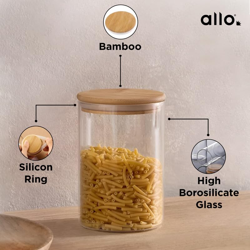 Allo 1000ML Kitchen Storage Box Glass Jars With Wooden Lids - Borosilicate Glass Food Storage Containers Airtight Glass Jar for Tea, Coffee, Spice, Pulses, Masala (Round Glass Jar - Set of 4) - Image 2