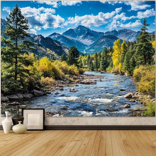 AMM Nature Forest Mountain Tapestry Green Pine Tree Tapestry for Bedroom Aesthetic White Clouds Flowing River Landscape Classroom Tapestries Wall Hanging for Living Room Dorm Office - Image 1