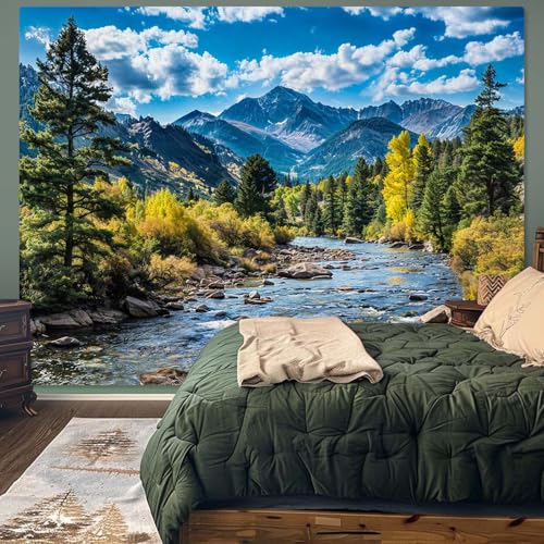 AMM Nature Forest Mountain Tapestry Green Pine Tree Tapestry for Bedroom Aesthetic White Clouds Flowing River Landscape Classroom Tapestries Wall Hanging for Living Room Dorm Office - Image 4