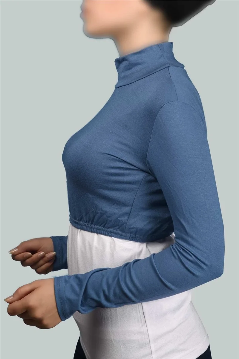 التوبة Long Sleeve Turtleneck Turtleneck Lycra Combed Cotton Women's Half Body - Light Denim