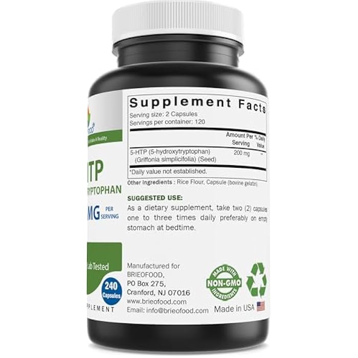 Brieofood 5-HTP 200mg per Serving - 240 Capsules - 5-Hydroxytryptophan for Healthy Relaxation - 3rd Party Lab Tested - Image 2