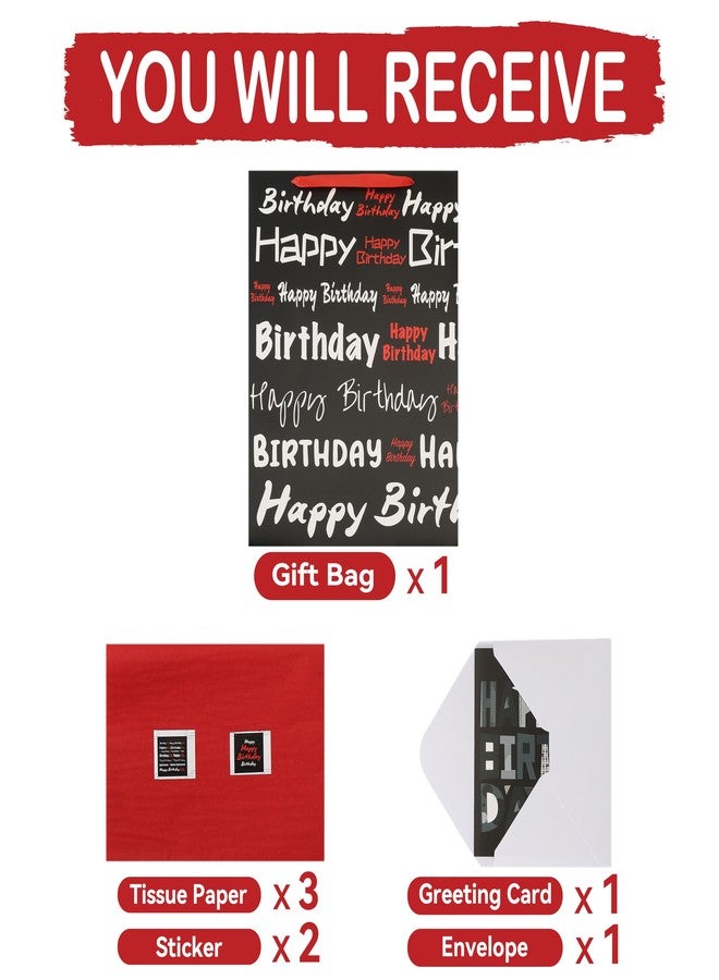 wishinside 16.5” Extra Large Black Happy Birthday Gift Bag Set with Handles, Greeting Card, Tissue Papers and Stickers for Women Men Girls Boys Kids Teens, White Red Words Design, 1 Pcs - Image 3