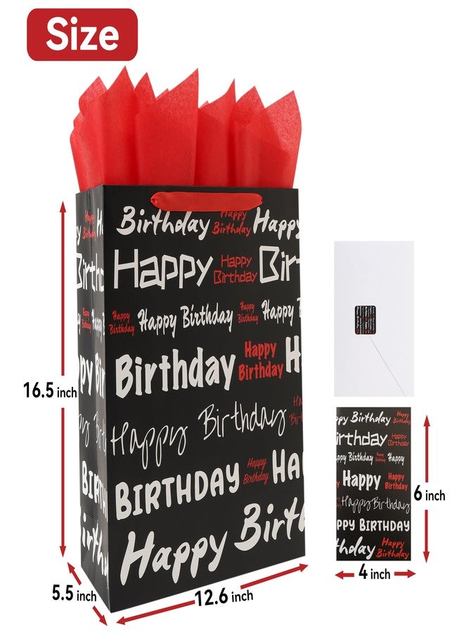 wishinside 16.5” Extra Large Black Happy Birthday Gift Bag Set with Handles, Greeting Card, Tissue Papers and Stickers for Women Men Girls Boys Kids Teens, White Red Words Design, 1 Pcs - Image 2