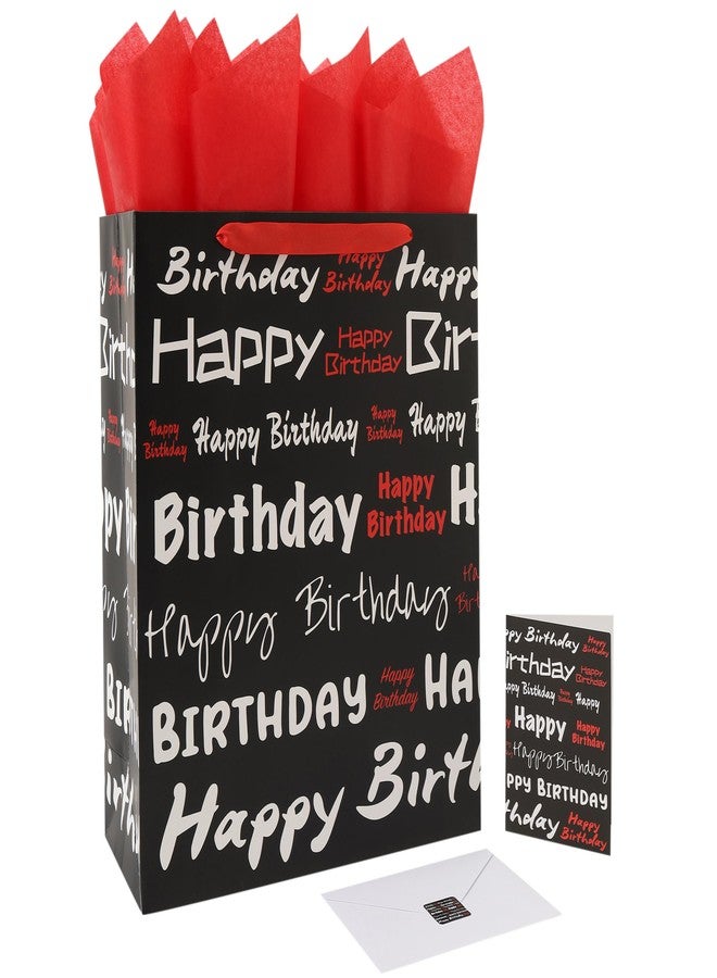 wishinside 16.5” Extra Large Black Happy Birthday Gift Bag Set with Handles, Greeting Card, Tissue Papers and Stickers for Women Men Girls Boys Kids Teens, White Red Words Design, 1 Pcs - Image 1
