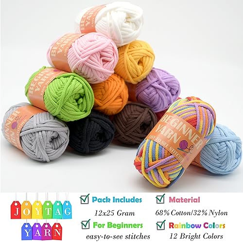 JOYTAG 12 Pack Beginners Crochet Yarn Blue Green Pink Purple Yellow Rainbow Cotton Easy Crochet Yarn for Crocheting Knitting Beginners with Easy-to-See Stitches Mini Beginner Crochet Kit(12x25g) - Image 2