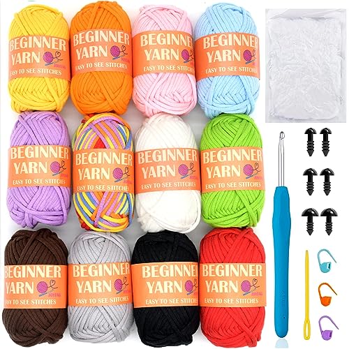 JOYTAG 12 Pack Beginners Crochet Yarn Blue Green Pink Purple Yellow Rainbow Cotton Easy Crochet Yarn for Crocheting Knitting Beginners with Easy-to-See Stitches Mini Beginner Crochet Kit(12x25g) - Image 1