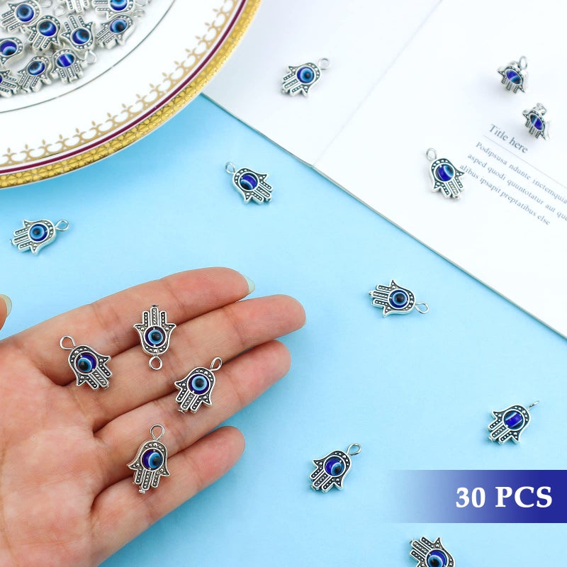 JIALEEY 30PCS Antique Silver Hamsa Hand Evil Eye Bead of Fatima Symbol Charms Hamsa Hand Beads Frame Charms for Jewelry Making Findings DIY Necklace Bracelet - Image 3