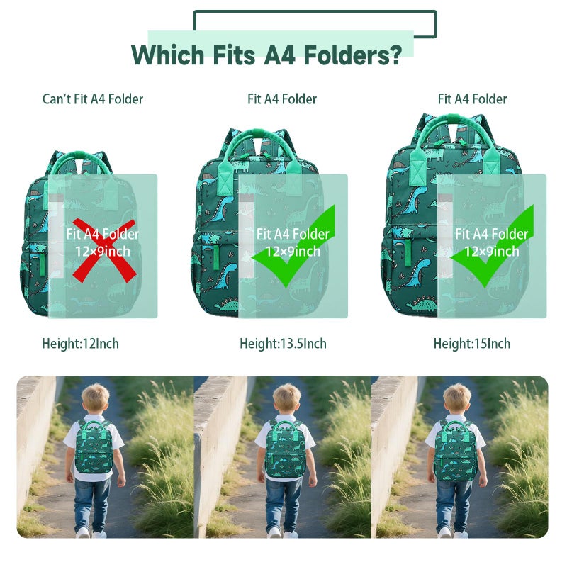 KingCheer Cute Preschool Backpack Toddler School Book Bag for Girls Boys Kids Kindergarten Nursery Travel Bag with Chest Strap(13.5inch, Green Dinosaur) - Image 3
