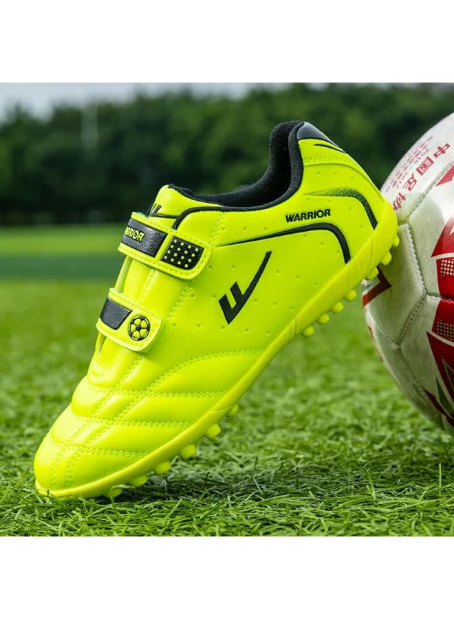 Pull Back Warrior Children's Soccer Shoes Tf Studs Double Velcro Boys Girls Non-slip Rubber Sole 415 Fluorescent Green Studs Size 32 - Image 1