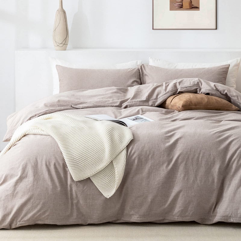 TIPTOE BEAR Queen Duvet Cover Set 100 Washed Cotton 3 Pcs Soft Comfy Breathable Chic Linen Feel Bedding 1 Duvet Cover and 2 Pillow Shams Light Taupe