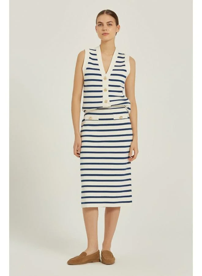 Mısırlı 1951 Cream Navy Striped Gold-Button Midi Skirt.