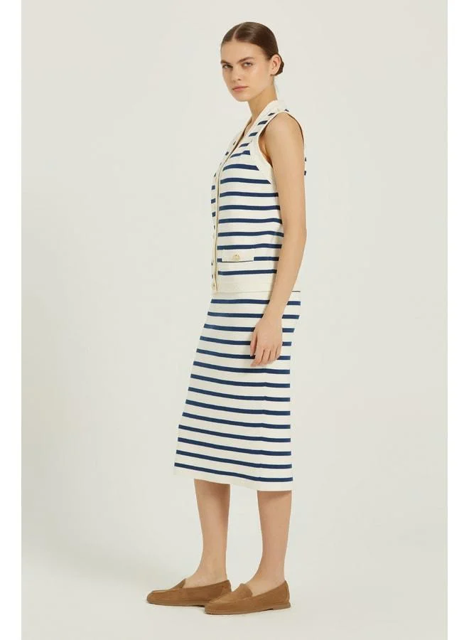 Mısırlı 1951 Cream Navy Striped Gold-Button Midi Skirt.
