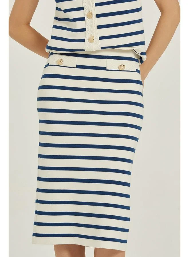 Mısırlı 1951  Cream Navy Striped Gold-Button Midi Skirt. for Women | Best Price UAE
