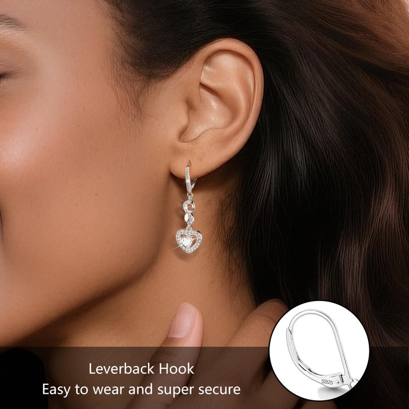 ALEXCRAFT 925 Sterling Silver Heart Dangle Earrings, ALEXCRAFT Heart Drop Earring for Women Leverback Silver Dangling Cubic Zirconia Hearts Shaped Dangly Earing of Valentine - Image 2
