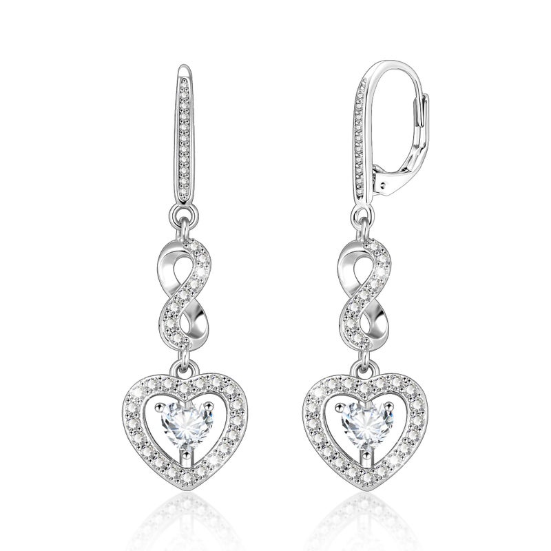 ALEXCRAFT 925 Sterling Silver Heart Dangle Earrings, ALEXCRAFT Heart Drop Earring for Women Leverback Silver Dangling Cubic Zirconia Hearts Shaped Dangly Earing of Valentine - Image 1