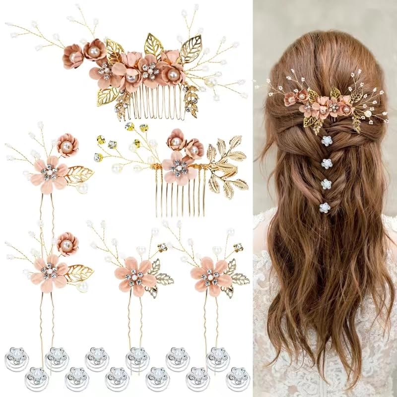 سيناكي 18 قطعة مشط شعر جانبي زفاف حفلة تخرج لؤلؤي مزين بالأحجار اللامعة وزهور وردية، دبابيس شعر على شكل زهرة، دبابيس شعر لولبية، زينة رأس زهرية للعروس وصديقات العروس والنساء والفتيات