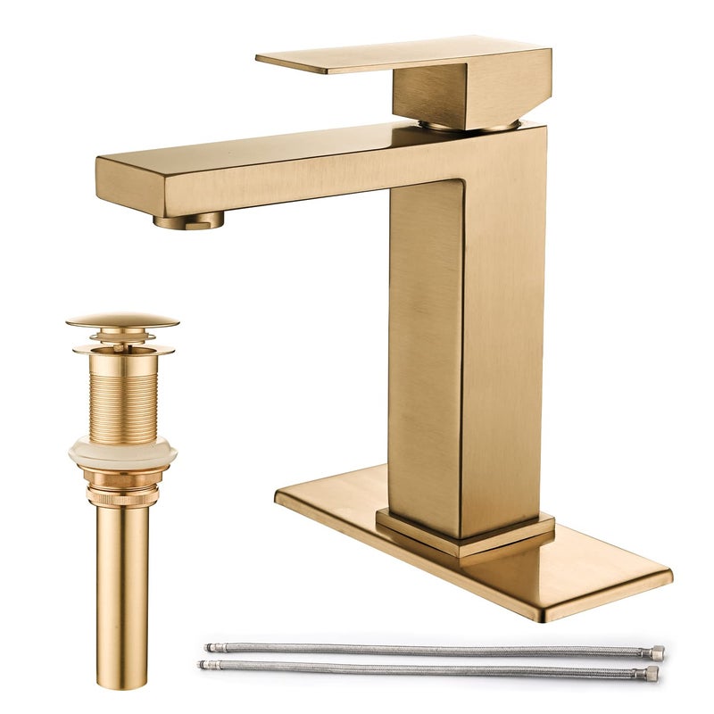 AVSIILE Brushed Gold Bathroom Faucet, Golden Single Hole Vanity Bath Faucet, Single Handle Modern Stainless Steel Bathroom Faucets for Sink 1 Hole with Pop Up Drain Stopper & Water Supply Hoses - Image 1