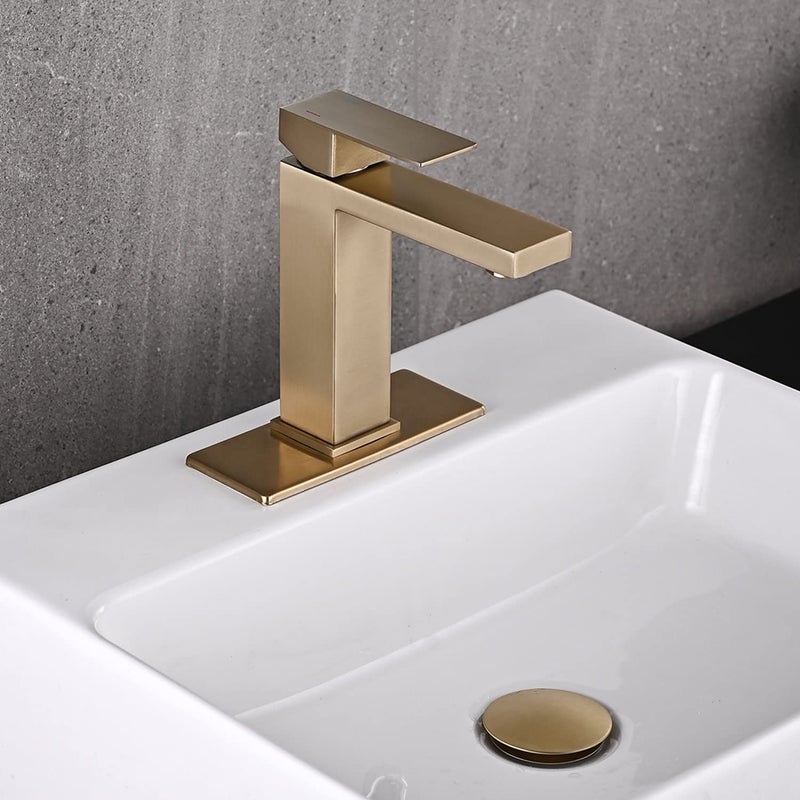 AVSIILE Brushed Gold Bathroom Faucet, Golden Single Hole Vanity Bath Faucet, Single Handle Modern Stainless Steel Bathroom Faucets for Sink 1 Hole with Pop Up Drain Stopper & Water Supply Hoses - Image 2