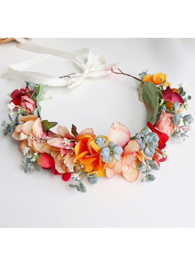 LLinfflr Women Floral Crown Girl Floral Headband Hair Wreath Flower Headpiece Halo Boho Party Prom Wedding Photos Orange - Image 2