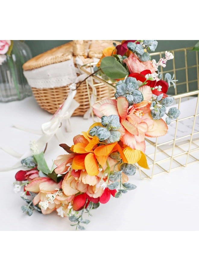 LLinfflr Women Floral Crown Girl Floral Headband Hair Wreath Flower Headpiece Halo Boho Party Prom Wedding Photos Orange - Image 3
