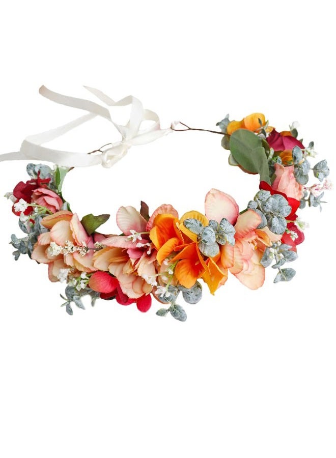 LLinfflr Women Floral Crown Girl Floral Headband Hair Wreath Flower Headpiece Halo Boho Party Prom Wedding Photos Orange - Image 1