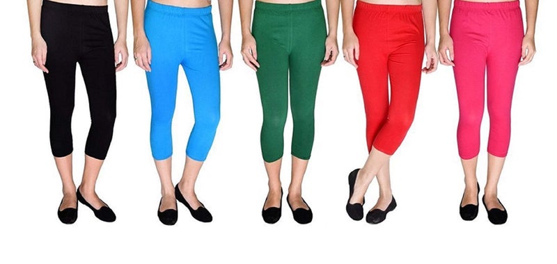 FEELBLUE Premium Cotton Strechable Women's Casual/Gym/Sports 3/4th Capri (Free Size) Combo Pack of 5 (BlckFiroziPgreenRedRani) - Image 1