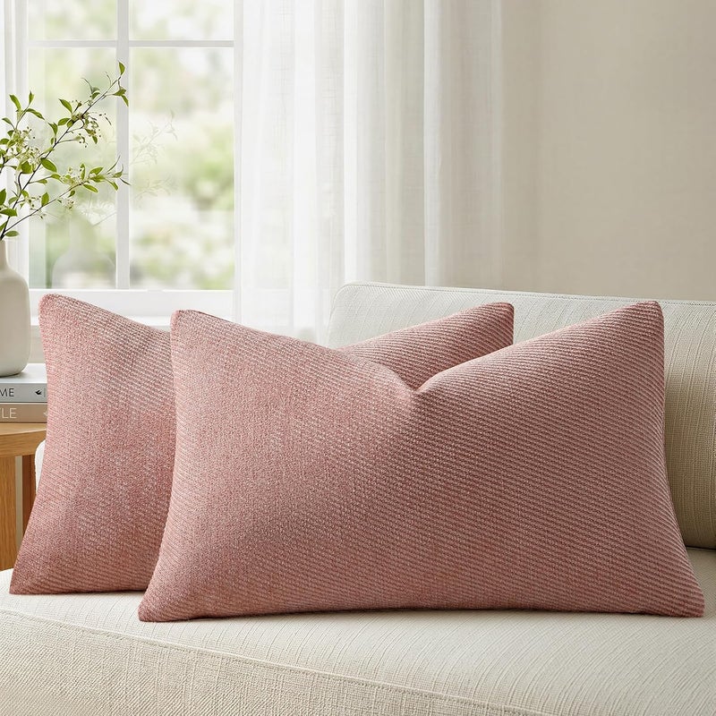 Pack of 2 Decorative Chenille Throw Pillow Covers with Twill Cushion Covers for Sofa Living Room Couch Bed 30x50 CM Blush Pink - Image 1