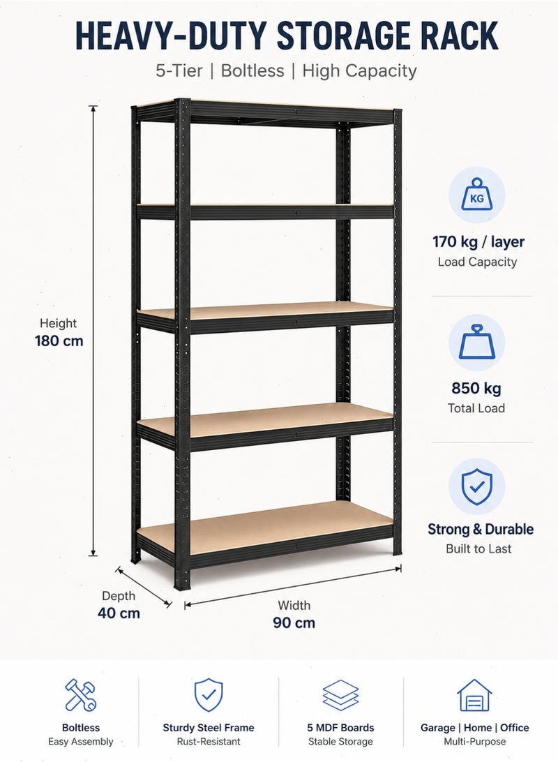 Yoawllty 5-Tier Adjustable Metal Storage Shelf Organizer - Easy Assembly Durable Shelving Unit for Kitchen, Garage, Warehouse & Basement Black Multi-Purpose Rack - Image 2