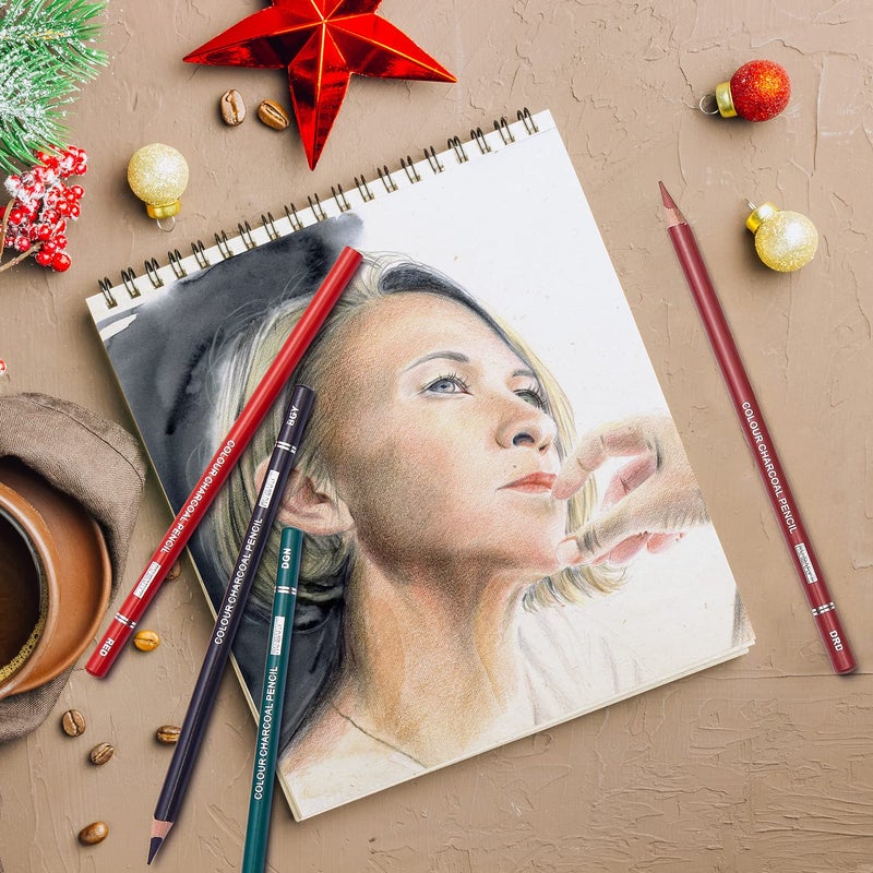 PANDAFLY مجموعة أقلام الفحم الملونة الاحترافية من باندا فلاي، أقلام ملونة بدرجات لون البشرة، أقلام طباشير باستيل للرسم، التظليل، التلوين، الطبقات والمزج، 24 لون - Image 4